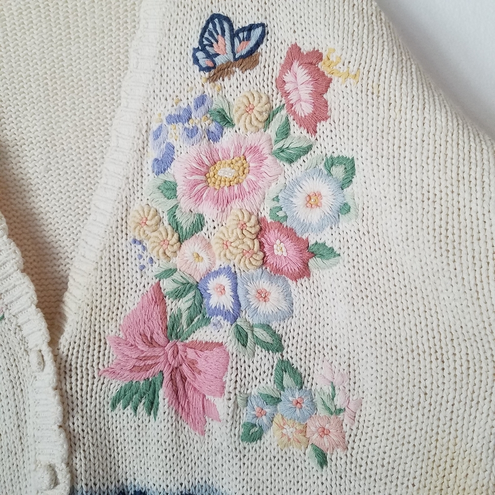 Vtg Gladys Bagley Granny Core Floral Embroidery Button Front Cardigan Sweater - Picture 3 of 12
